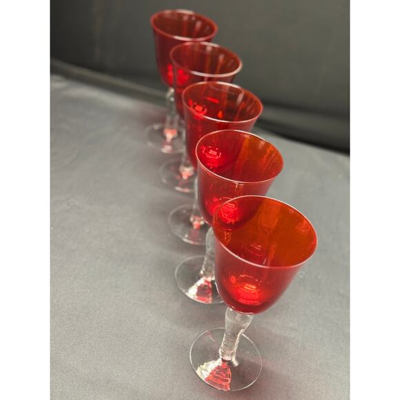 Set of 5 Handblown Ruby Red Bell-Shaped Goblets with Clear Stems – Elegant - Picture 3 of 12